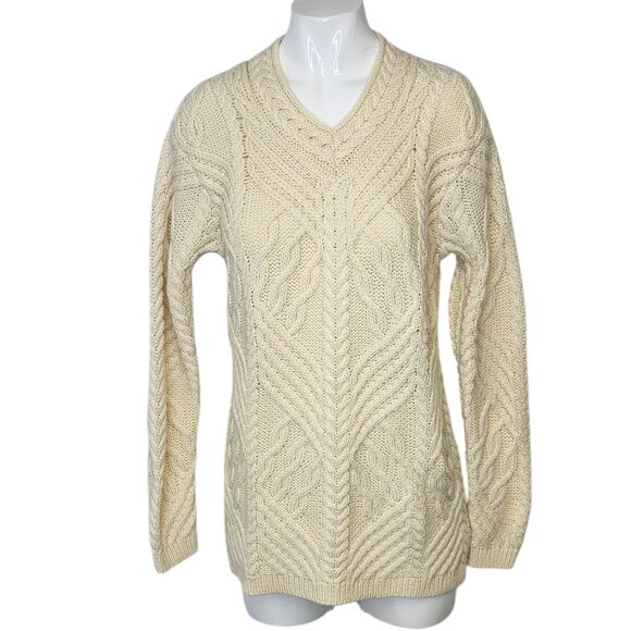 Aran Mor Ireland Womens 100% Merino Wool Cable Knit Sweater, Ivory, Size S - Picture 1 of 7